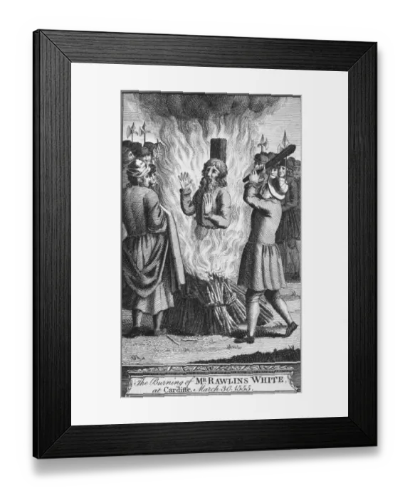 Framed Print : ENGLAND: BURNING AT STAKE. The burning of Mr. Rawlins White, at Cardiff, Wales, 30 March 1555. Line engraving, from a late 18th century English edition of John Foxes The book of Martyrs, first published in 1563