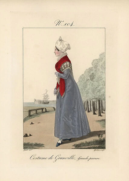10939141. Costume of Granville. A woman in her finery in a park near the port.