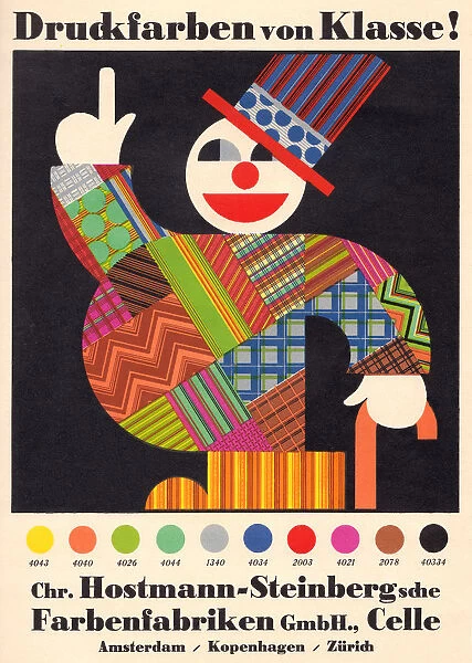 Clown. Advertisement for Hostmann-Steinberg makers of lithographic inks. Date: 1928