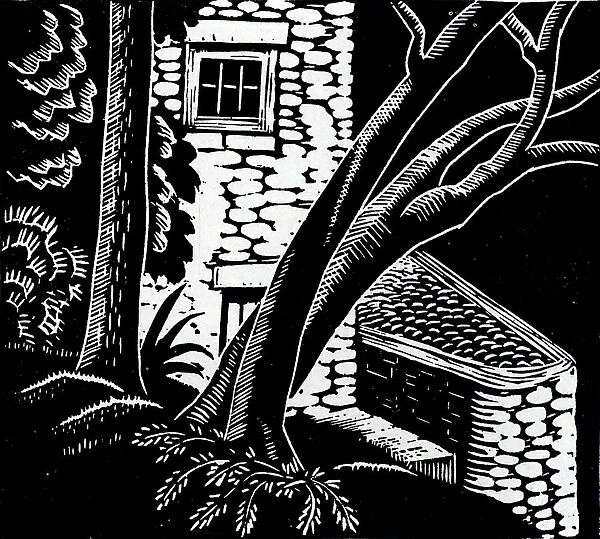 The Mill. Lino cut showing an old mill covered by a diagonally growing tree