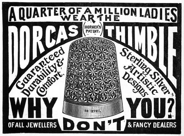 Advertisement for Horners patent Dorcas thimble, 1899