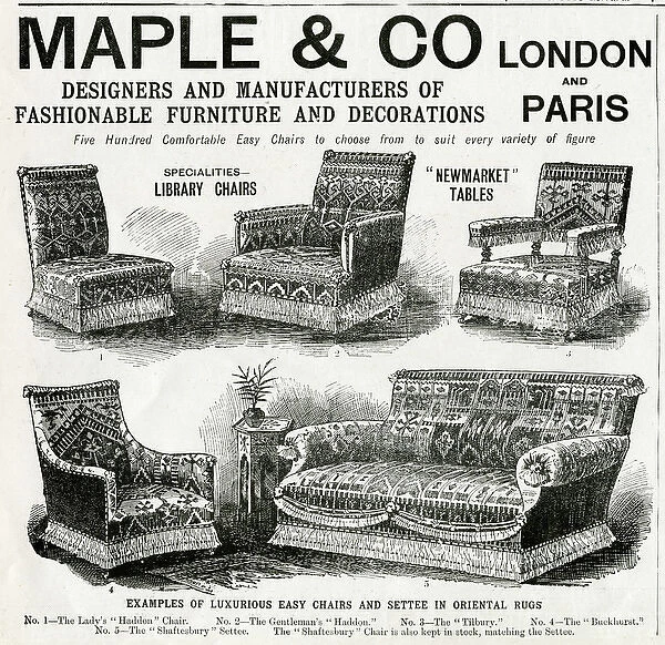 Advert for Maple & Co oriental sytle easy chairs 1900