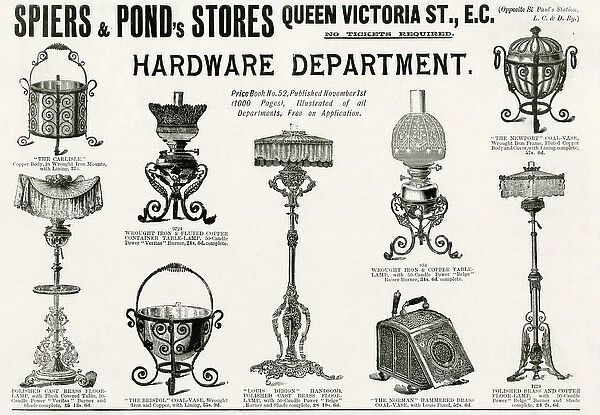 Advert for Spiers & Ponds stores, oil lamps 1898