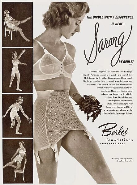 Advertisement for women's criss-crossed front panel bra and girdle. Date: 1954