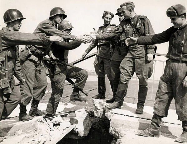 American soldiers shake hands w. Russians River Elbe, 1945 W