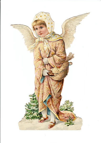 Angel with basket on a Victorian Christmas scrap