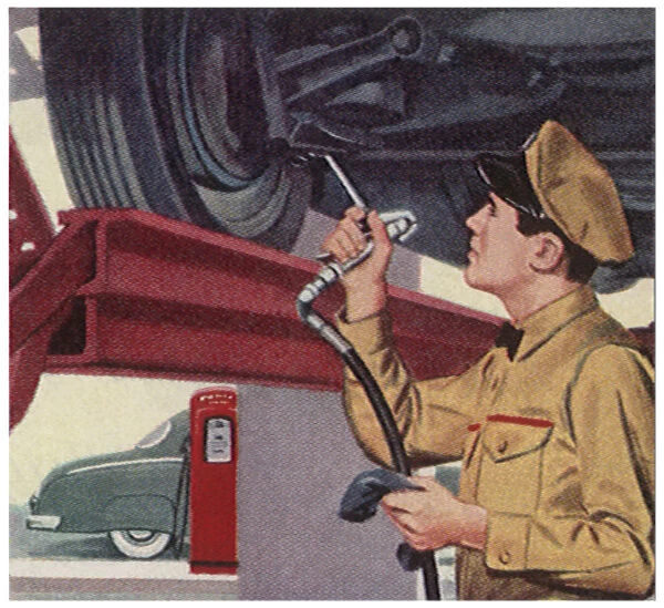 Auto Mechanic Oils Car Date: 1950