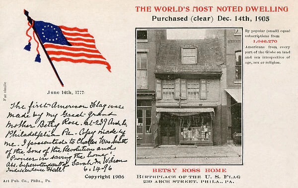 Betsy Ross Home - and note from her Great Grand-daughter
