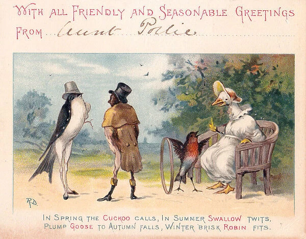 Four birds in a park on a Christmas card