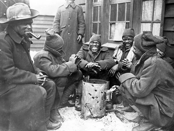 Black soldiers keeping warm, Western Front, France, WW1