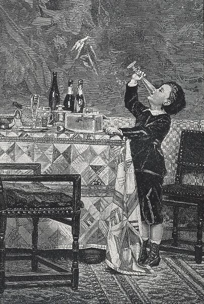 Boy drinking up champagne from a feast