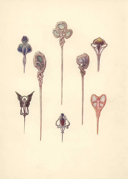 British art nouveau hair pins in silver, gold and enamel