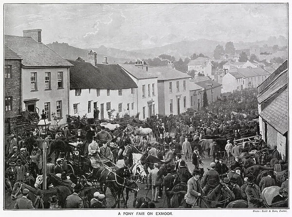 Busy scene during a pony fair on Exmoor, Devon. Date: 1897