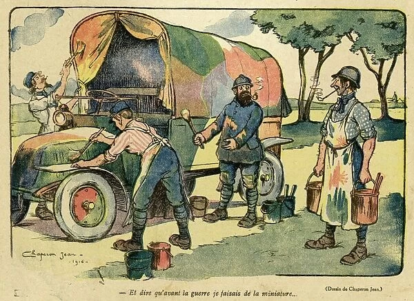 Cartoon, Camouflaging a lorry, WW1