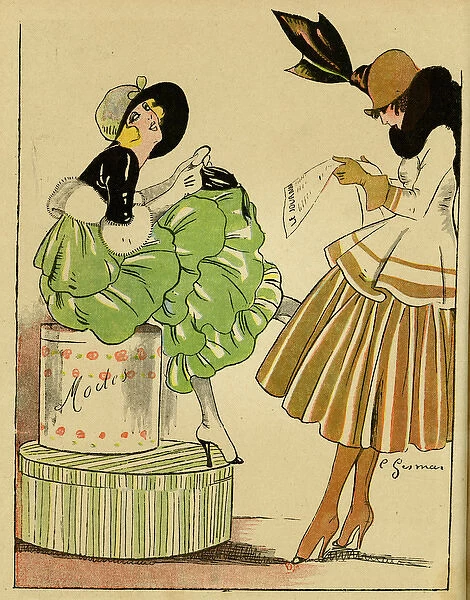 Cartoon, Two fashionable French women, WW1