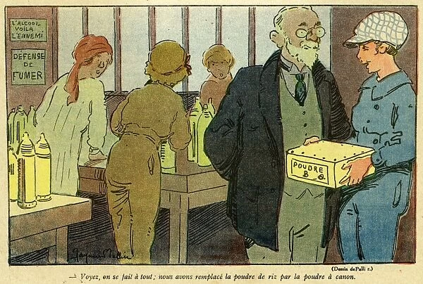 Cartoon, French women in munitions factory, WW1