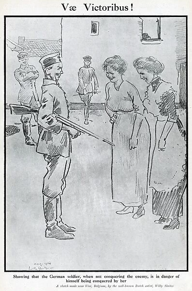 Cartoon, German soldier with two women, WW1