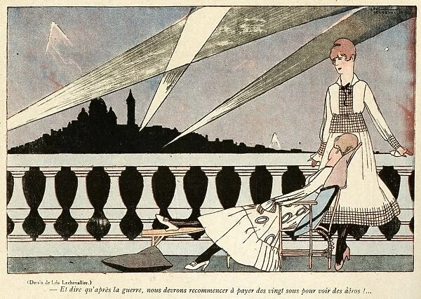 Cartoon, Women watching searchlights, WW1