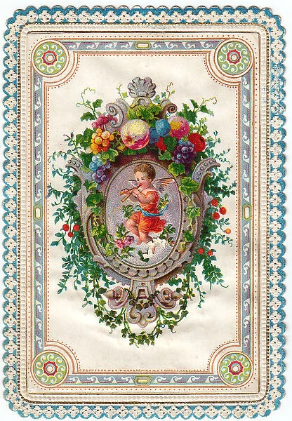Cherub playing a pipe on a greetings card