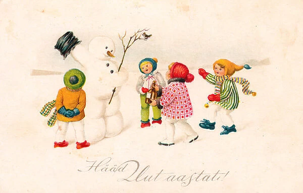 Children with snowman on an Estonian New Year postcard