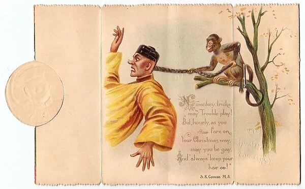 Chinese man and monkey on a Christmas card