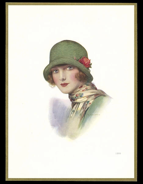 Chocolate box design, lady in green cloche hat
