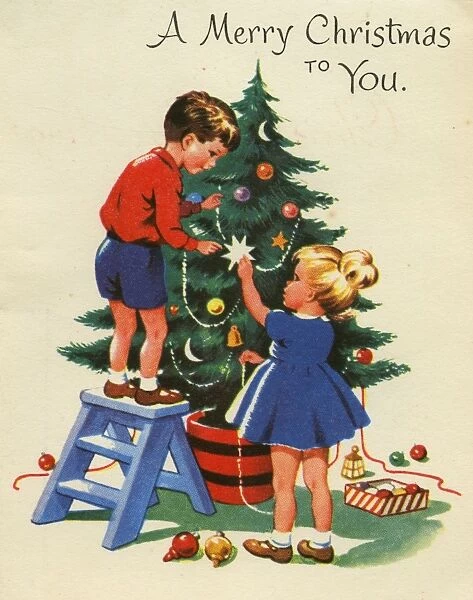 Christmas card, Dressing the Christmas Tree
