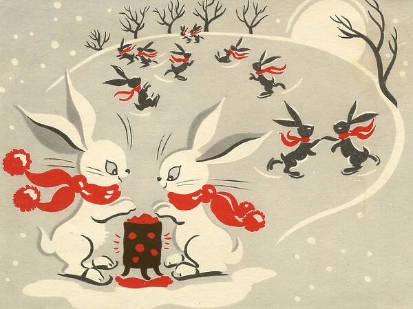 Christmas card, skating rabbits
