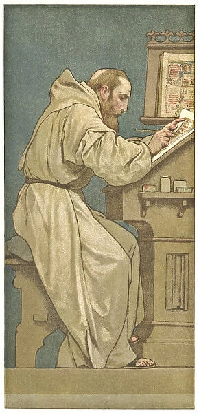 Collectors card, monk working on a manuscript