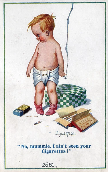 Comic postcard, Boy smoking mothers cigarettes Date: circa 1918
