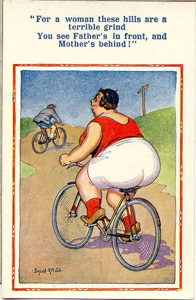 Comic postcard, Couple riding bicycles on a country lane Date: 20th century