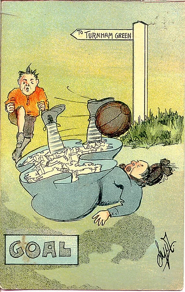 Comic postcard, Man and woman playing football - Goal (1 of 2) Date