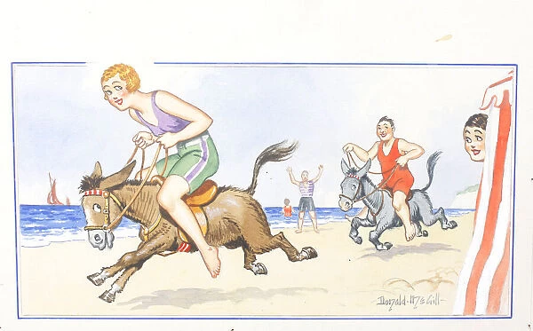 Comic postcard, Man and woman riding donkeys on the beach Date: 20th century