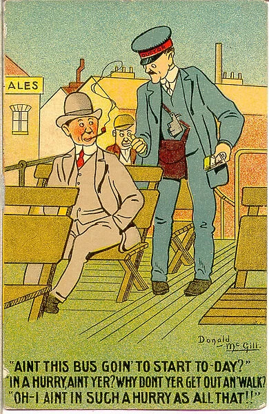 Comic postcard, Passenger on top deck of bus talks to conductor Date: 20th century