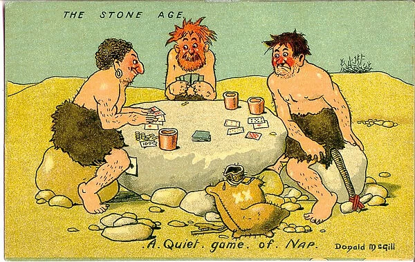 Comic postcard, Three Stone Age men - A quiet game of Nap. Date: 20th century