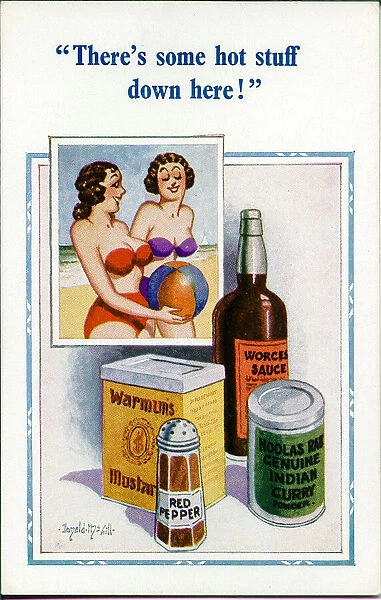 Comic postcard, Two women in bikinis at the seaside - hot stuff Date: 20th century