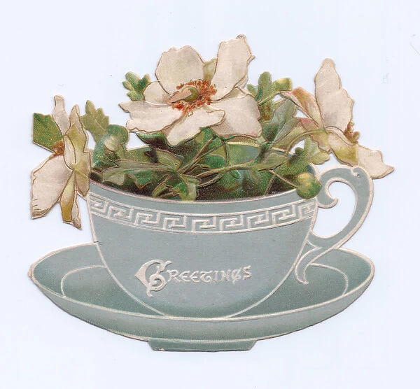 Cup of white flowers on a Victorian greetings card