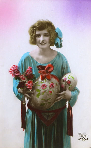 Easter - French model holding giant model eggs