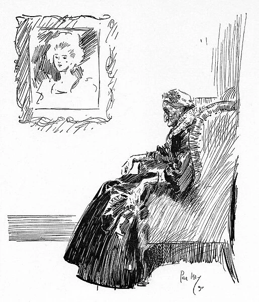 Elderly woman seated beneath a portrait of her when young