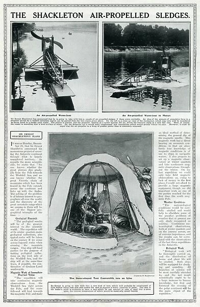 Ernest Shackletons air-propelled sledges, and a tent