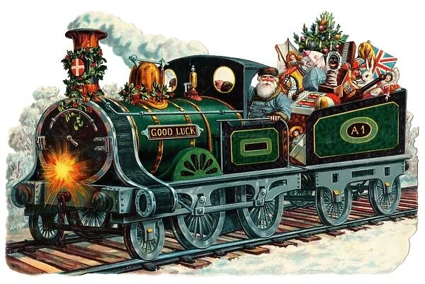 Father Christmas in a train on a Victorian scrap