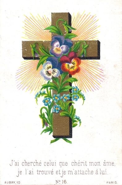 Flowers and a cross on a French greetings card