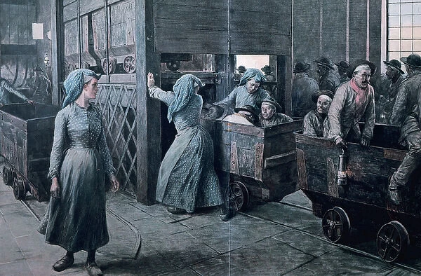 France. Women working inside of a coal mine. Drawing color