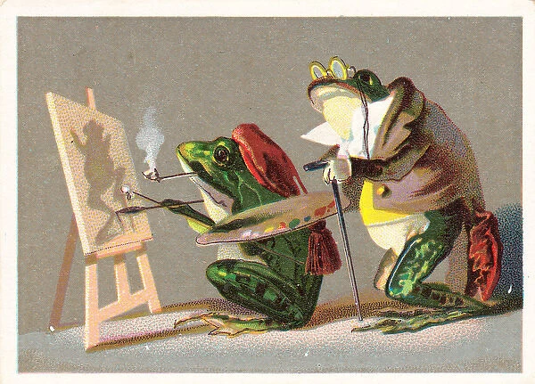 Frog artist and patron on a greetings card