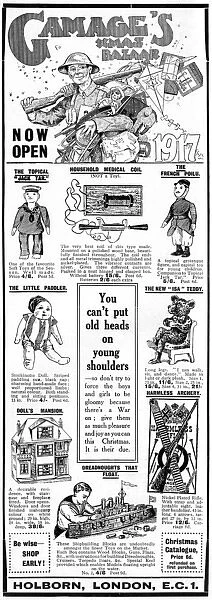 Gamages Xmas bazaar advertisement, WW1
