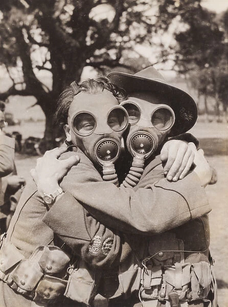 Gas drill in Australia, two people in gas masks, WW1