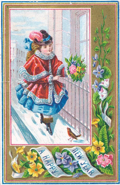 Girl with flowers and robin on a New Year card