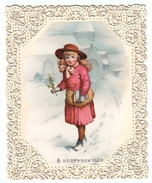 Girl in the snow on a New Year card