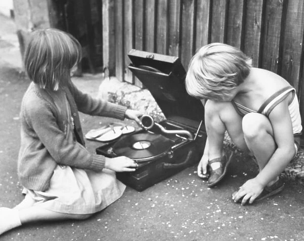 Two girls with gramophone, Balham, SW London