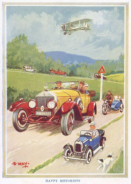 Happy motorists, large and small, on a country road. Date: circa 1933